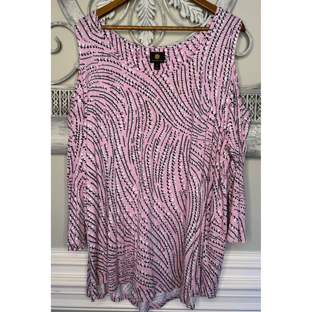 JM Collection Womens 4X Pink Black White Dot Cold Shoulder Top Blouse 3/4 Sleeve